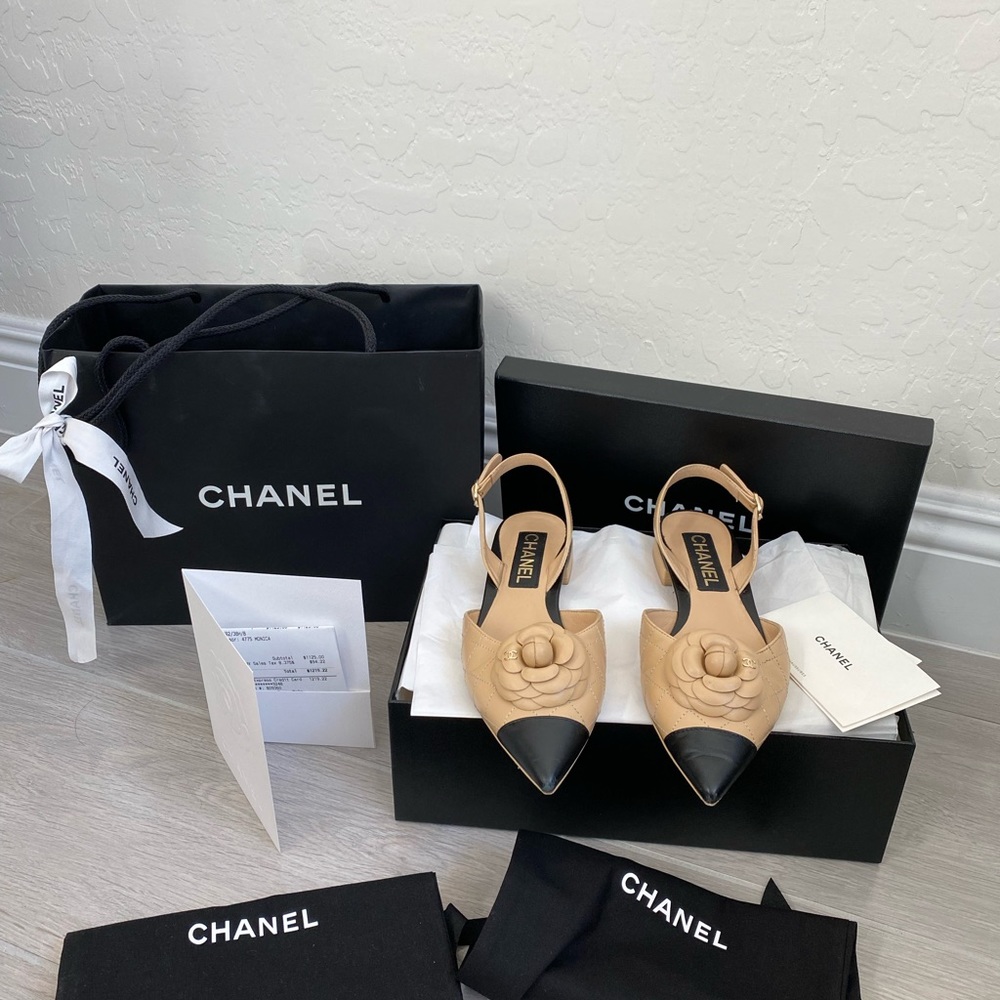 Chanel Shoes Sling Backs Beige and Black Lambskin Leather 38.5